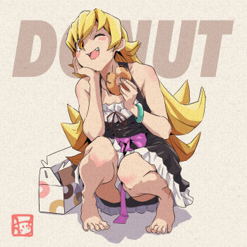 1girl absurdres bare_shoulders barefoot black_dress blonde_hair blush bracelet collarbone commentary_request donut dress fangs feet food full_body highres holding holding_donut holding_food jewelry long_hair looking_at_viewer monogatari_(series) oicchikun one_eye_closed open_mouth oshino_shinobu pastry_box signature sleeveless sleeveless_dress solo spread_toes squatting toenails toes translation_request very_long_hair yellow_eyes