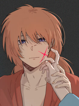 1boy 1girl absurdres black_background blue_kimono closed_mouth collarbone commentary_request cross_scar facial_scar finger_to_another&#039;s_cheek hair_between_eyes highres himura_kenshin holding_another&#039;s_wrist japanese_clothes kamiya_kaoru kimono light_smile long_hair looking_at_viewer low_ponytail nasubi_(user_agpx4547) orange_hair ponytail pov pov_hands purple_eyes red_kimono rurouni_kenshin scar scar_on_cheek scar_on_face upper_body