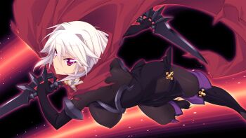 1girl arisia_hellioxenes bodysuit boots breasts cape covered_erect_nipples dagger dual_wielding elbow_gloves game_cg gloves holding knife kourin_tenshi_en_ciel_rena large_breasts large_variant_set looking_at_viewer non-web_source official_art pantyhose purple_eyes red_eyes reverse_grip saitou_natsuki short_hair solo suhamaya sword thigh_boots thighhighs torn_clothes variant_set weapon white_hair