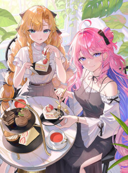 2girls :q absurdres ahoge bare_shoulders belt black_bow black_dress blonde_hair blue_eyes blush bow bracelet braid breasts cake cake_slice chair closed_mouth commentary cup denia_(wuthering_waves) dress earrings food fork frills fruit hair_between_eyes hair_bow hair_bun hair_ornament highres holding holding_fork indoors jewelry long_hair looking_at_viewer mole mole_under_eye multicolored_hair multiple_girls off-shoulder_shirt off_shoulder okuma_mai pink_hair plant plate purple_eyes saucer shirt short_sleeves sigrika_(wuthering_waves) single_hair_bun sitting skirt smile strawberry table tea teacup tiered_tray tongue tongue_out twin_braids untranslatable_commentary very_long_hair virtual_youtuber white_shirt window wuthering_waves