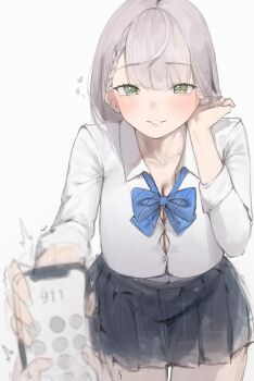 911_calling blue_ribbon blush bow bowtie braid breasts button_shirt green_eyes heart ribbon shirogane_noel skirt smile theflatfacadeds