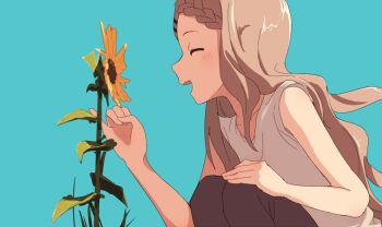 Rule 34 | 1girl, ^ ^, aoba kokona, aqua background, black pants, braid, braided bangs, brown hair, closed eyes, commentary, feet out of frame, flower, from side, grey shirt, hair ornament, hairclip, hand on own knee, open mouth, pants, parallel hairclips, profile, shirt, sleeveless, sleeveless shirt, smile, solo, squatting, sunflower, yama no susume, yukitake (bullfalk)