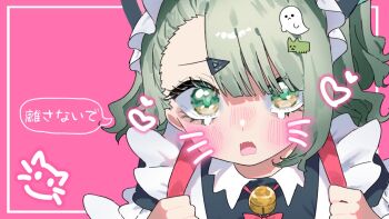 Rule 34 | 1girl, animal ear hairband, animal ears, bell, blush, cat ear hairband, cat ears, commentary request, fake animal ears, ghost hair ornament, green eyes, green hair, hair ornament, hairband, highres, looking at viewer, maid, maid headdress, momico co, neck bell, official alternate costume, open mouth, pink background, portrait, red bag, solo, sunna (afternoon tea break) (zenless zone zero), sunna (zenless zone zero), tears, wavy mouth, zenless zone zero