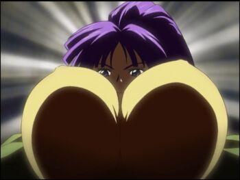 1girl animated animated_gif anime_screenshot bouncing_breasts breasts covered_erect_nipples eiken gigantic_breasts high_ponytail huge_breasts long_hair looking_at_viewer misono_kirika ponytail purple_eyes purple_hair school_uniform smile zashono_academy_school_uniform