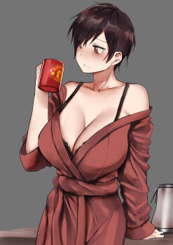 1girl arm_support bare_shoulders bathrobe black_bra bra breasts brown_eyes brown_hair brown_robe cleavage closed_mouth coffee_mug coffee_pot collarbone commentary cup english_commentary eyes_visible_through_hair female_focus grey_background highres holding_cup large_breasts long_sleeves looking_away manchester_united mug norman_maggot off_shoulder olive_laurentia original pixie_cut robe short_hair simple_background sleepy solo standing table underwear very_short_hair