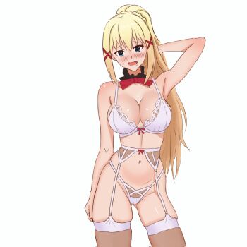 1girl alternate_costume arm_behind_head black_collar blonde_hair blue_eyes blush bow bow_bra bra braid breasts cameltoe cleavage collar cowboy_shot darkness_(konosuba) detached_collar drooling garter_belt gluteal_fold hair_ornament hand_up highleg highleg_panties highres josival kono_subarashii_sekai_ni_shukufuku_wo! large_breasts lingerie long_hair looking_at_viewer navel open_mouth panties ponytail ponytail_with_braided_base red_bow simple_background solo string_panties thighhighs underwear underwear_only white_background white_bra white_panties x_hair_ornament