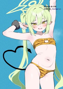 1girl animal_print arm_up armpits blue_archive blue_background dated demon_tail green_hair green_halo hair_between_eyes halo highres itinana loli looking_at_viewer navel nozomi_(blue_archive) open_mouth pointy_ears simple_background smile solo stomach tail tiger_print twintails twitter_username yellow_eyes