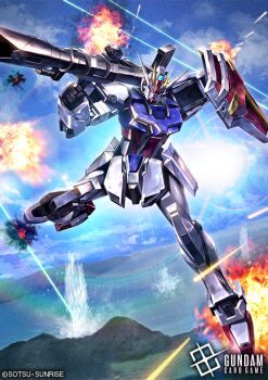 battle bazooka_(gundam) commentary_request copyright_logo copyright_name copyright_notice explosion gun gundam gundam_card_game gundam_seed holding holding_bazooka holding_cannon holding_gun holding_shield holding_weapon kenko_(a143016) logo mecha mecha_focus no_humans official_art outdoors robot science_fiction shield solo splashing strike_gundam v-fin weapon yellow_eyes