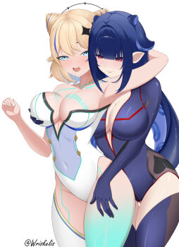 2girls blonde_hair blue_bodysuit blue_eyes blue_hair bodysuit breasts cleavage cone_hair_bun covered_navel dizzy_dokuro dizzy_dokuro_(wish) double_bun grabbing_another's_breast groping hair_bun hand_on_another's_thigh highres kaneko_lumi kaneko_lumi_(wish) leotard multicolored_hair multiple_girls open_mouth phase_connect pointy_ears red_eyes single_thighhigh smile streaked_hair tentacle_hair thighhighs twitter_username virtual_youtuber white_leotard white_thighhighs wriskelis yuri