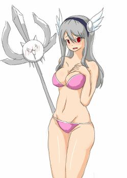 Rule 34 | bikini, blush, breasts, cat (nyanko daisensou), drooling, gnach, highres, nyanko daisensou, pink bikini, polearm, saliva, spear, swimsuit, valkyrie cat, weapon, winged hair ornament