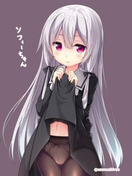 1girl artist_name black_dress black_pantyhose clothes_lift dress dress_lift female_focus grey_background lifting_own_clothes long_hair navel panties panties_under_pantyhose pantyhose red_eyes silver_hair simple_background solo sophie_twilight thighs tonari_no_kyuuketsuki-san underwear usume_shirou white_panties