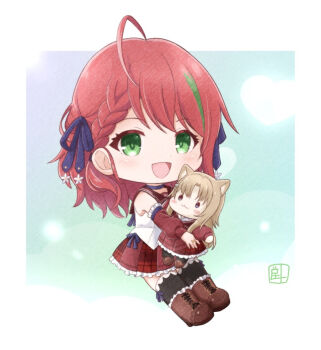 Rule 34 | 1girl, :3, :d, abiko hiromi, ahoge, animal ears, aqua background, artist name, assault lily, black choker, black thighhighs, blue background, blue ribbon, blush, boots, border, braid, braided bangs, brown boots, brown sailor collar, cat ears, character doll, chibi, choker, commentary request, detached sleeves, doll, fake animal ears, flower, frilled skirt, frilled sleeves, frills, full body, gradient background, green background, green eyes, green streaks, hair behind ear, hair flower, hair ornament, hair ribbon, hand up, heart, holding, holding doll, holding stuffed toy, inoguchi minto, jewelry, kanba girls high school uniform, lace-up boots, leg ribbon, long hair, looking at viewer, miniskirt, multicolored hair, open mouth, outside border, outstretched arm, plaid clothes, plaid skirt, red hair, red skirt, ribbon, ring, sailor collar, school uniform, serafuku, shibukawa chie, shirt, skirt, sleeveless, sleeveless shirt, smile, solo, standing, streaked hair, stuffed animal, stuffed toy, thigh ribbon, thighhighs, white border, white flower, white shirt