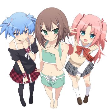 3boys ankle_boots ansatsu_kyoushitsu arikawa_hime armband baka_to_test_to_shoukanjuu bare_arms bare_shoulders barefoot black_boots black_pantyhose black_shirt blue_eyes blue_hair blush boots bow bowtie brown_hair brown_sweater_vest closed_mouth collared_shirt commentary_request crop_top crossdressing crossdressing_(mtf) dress_shirt embarrassed feet full_body green_eyes green_shirt green_shorts grey_skirt hair_ornament hair_ribbon hairclip hand_on_own_chest hand_up highres himegoto kinoshita_hideyoshi long_hair long_sleeves looking_at_viewer male_focus multiple_boys navel off-shoulder_shirt off_shoulder open_mouth pantyhose pink_hair plaid_clothes plaid_skirt pleated_skirt red_armband red_bow red_bowtie red_ribbon red_skirt ribbon school_uniform shiota_nagisa shirt short_hair short_sleeves short_twintails shorts simple_background skirt smile standing sweater_vest toes trait_connection trap twintails v v-shaped_eyebrows white_background white_shirt zeatto