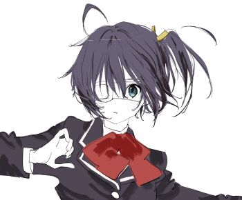 1girl :o ahoge black_hair black_jacket blush bow bowtie chuunibyou_demo_koi_ga_shitai! eyepatch green_eyes hair_ribbon highres jacket long_sleeves needbee_r one_side_up red_bow red_bowtie ribbon short_hair side_ponytail simple_background solo takanashi_rikka unfinished white_background yellow_ribbon