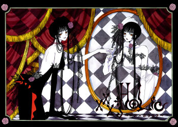 1girl asymmetrical_clothes bare_back bare_shoulders black_dress black_hair checkered_background checkered_floor clamp curtains different_reflection dress elbow_gloves floor flower formal_clothes framed gloves goth_fashion hair_up hat highres hime_cut ichihara_yuuko jewelry jitome lace long_hair marker_(medium) mirror necklace official_art orange_eyes pale_skin reflection rose top_hat traditional_media very_long_hair white_dress xxxholic