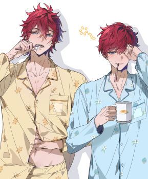 Rule 34 | 2boys, amagi hiiro, amagi rinne, animal print, bear print, bee print, blue eyes, breast pocket, brothers, brushing teeth, collarbone, cup, donburi rn, ensemble stars!, floral print, hair between eyes, height difference, highres, holding, holding cup, holding toothbrush, long sleeves, looking at viewer, male focus, midriff, mouth hold, multiple boys, navel, pajamas, pocket, red hair, rubbing eyes, short hair, siblings, side-by-side, simple background, straight-on, toothbrush, white background, yellow pajamas