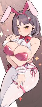 Rule 34 | 1girl, absurdres, animal ears, black hair, blush, bow, bowtie, breasts, cleavage, clothing cutout, earpiece, fake animal ears, goddess of victory: nikke, highres, implied vibrator, large breasts, leotard, looking at viewer, milk (blooming bunny) (nikke), milk (nikke), navel cutout, official alternate costume, oi tie, pantyhose, pink leotard, playboy bunny, rabbit ears, shiny skin, short hair, side-tie leotard, skindentation, solo, thigh strap, undersized breast cup, vibrator cord, white pantyhose, yellow eyes