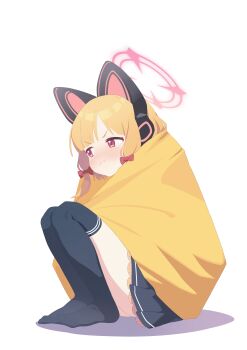 Rule 34 | 1girl, :t, absurdres, animal ear headphones, animal ears, black skirt, black thighhighs, blonde hair, blue archive, blush, bow, cat ear headphones, cat ears, commentary request, fake animal ears, frilled skirt, frills, hair bow, halo, headphones, highres, knees up, kukuzero neko, momoi (blue archive), pleated skirt, pout, red bow, red eyes, red halo, shadow, sidelocks, simple background, sitting, skirt, solo, thighhighs, white background