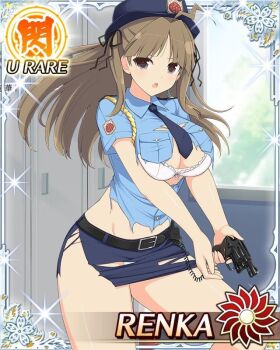 Rule 34 | 1girl, :o, ahoge, blue shirt, border, bra, breasts, brown eyes, brown hair, bun cover, card (medium), character name, day, double bun, female service cap, game cg, gun, hair bun, handgun, hat, holding, holding gun, holding weapon, large breasts, lightning ahoge, locker, locker room, long hair, looking at viewer, official art, panties, parted bangs, pencil skirt, police, police hat, police uniform, policewoman, renka (senran kagura), revolver, senran kagura, senran kagura new wave, shirt, skirt, solo, torn clothes, torn skirt, underwear, weapon, white bra, white panties