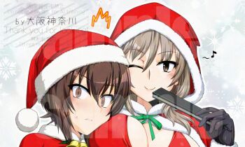 Rule 34 | 2girls, ;), bell, bikini, black gloves, blush, breasts, brown eyes, brown hair, christmas, closed mouth, commentary request, girls und panzer, gloves, green ribbon, hair between eyes, hand fan, hat, holding, holding fan, jingle bell, large breasts, long hair, low-tied long hair, mature female, multiple girls, musical note, neck ribbon, nishizumi maho, one eye closed, oosaka kanagawa, ribbon, santa bikini, santa costume, santa hat, shimada chiyo, short hair, smile, snowflake background, sweatdrop, swimsuit, too many watermarks, watermark, yuri