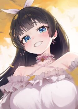 Rule 34 | 1girl, absurdres, apopo, armpit crease, black hair, blue eyes, blunt bangs, blurry, blurry foreground, blush, bow, choker, depth of field, earrings, flower earrings, frilled choker, frills, ginkgo leaf, grin, hair bow, hair ornament, hashtag-only commentary, heart, heart choker, heart hair ornament, highres, jewelry, leaf, leaf on head, long hair, looking at viewer, shirayuki hina, shirt, smile, solo, stellive, virtual youtuber, white shirt