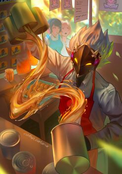 1boy 2girls apron baju_kurung billy_kid black_hair blonde_hair blue_skirt catnip_cataria dress ellen_joe grey_hair hair_ornament hairband highres humanoid_robot lollipop_in_mouth malay_text malaysia malaysian_clothes malaysian_secondary_school_uniform menu_board milk_tea multicolored_hair multiple_girls pinafore_dress pink_hair red_apron robot ruby_(zenless_zone_zero) school_uniform shirt short_hair skirt sleeveless sleeveless_dress white_shirt zenless_zone_zero