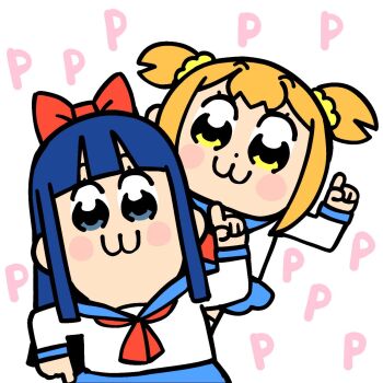 2girls :3 bkub blonde_hair blue_eyes blue_sailor_collar blue_skirt blunt_bangs blush_stickers chibi chibi_only closed_mouth commentary double-parted_bangs hair_ornament hair_scrunchie hand_up highres index_fingers_raised long_sleeves looking_at_viewer multiple_girls neckerchief p_(letter) pipimi poptepipic popuko red_neckerchief sailor_collar school_uniform scrunchie serafuku shirt short_hair short_twintails sidelocks simple_background skirt twintails white_background white_shirt yellow_eyes yellow_scrunchie