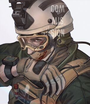 1boy armor bags_under_eyes blood blood_splatter breastplate brown_eyes call_of_duty commentary covered_mouth gary_sanderson gloves goggles hand_up helmet highres looking_at_viewer male_focus mask mouth_mask narrowed_eyes seencrow symbol-only_commentary union_jack upper_body watch wiping_face wire