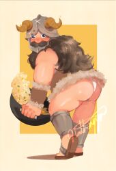 Rule 34 | 1boy, ass, bara, beard, blush, dungeon meshi, dwarf, facial hair, fake horns, flipping food, food, full body, helmet, highres, horned helmet, horns, long beard, looking at viewer, looking to the side, male focus, mustache, nathengyn, plump, senshi (dungeon meshi), solo, sparkling eyes, thick mustache, thighs, tiptoes, two-tone background, very long beard
