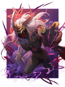 1girl alternate_form animal_ears bat_ears border commentary dark-skinned_female dark_skin embla_(fire_emblem) eye_on_belly fire_emblem fire_emblem_heroes gold_claws halo highres ikura_(downdexp) long_hair monster_girl nintendo no_eyes open_mouth purple_background red_halo sharp_teeth skinny teeth very_long_hair white_border white_hair