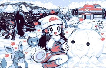 ... 1girl 2boys bag barry_(pokemon) beanie beret black_hair blush boots christy_frisby coat commentary dawn_(pokemon) dithering drifblim drifloon duffel_bag empoleon english_commentary flying_sweatdrops froslass gen_4_pokemon glaceon grey_footwear hair_ornament hairclip hat heart jacket kneeling limited_palette long_hair long_sleeves lucas_(pokemon) multiple_boys nintendo on_one_knee open_mouth piplup pixel_art poke_ball_print pokemon pokemon_(creature) pokemon_center pokemon_dppt pokemon_platinum red_coat short_hair shoulder_bag smile snover snow_on_tree snowball snowball_fight snowing snowman snowpoint_city standing standing_on_one_leg striped_clothes striped_jacket winter_clothes