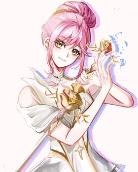 Rule 34 | 1girl, absurdres, breasts, chinese commentary, closed mouth, collar, commentary request, covered collarbone, cowboy shot, detached collar, dress, drop shadow, eyelashes, eyes visible through hair, feather-trimmed dress, flower, four-pointed star, hair bun, happy, highres, holding, holding sword, holding weapon, infinity nikki, lace collar, light blush, lips, looking at viewer, medium breasts, melody bloom (infinity nikki), nikki (nikki), nikki (series), no headwear, off-shoulder dress, off shoulder, pink hair, pointy nose, print dress, rose, short hair with long locks, short sleeves, sidelocks, simple background, single hair bun, smile, solo, standing, star (symbol), star print, sword, updo, weapon, white background, white collar, white dress, yellow eyes, yellow flower, yellow rose, yuhaiyue