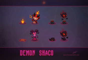 character_name crown demon demon_boy glowing glowing_eyes grin horns league_of_legends little_devil_teemo no_humans shaco signature smile teemo teeth thorsten_erdt watermark web_address