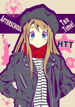 1girl absurdres black_hat black_jacket blonde_hair blush_stickers casual commentary_request hat highres jacket k-on! kotobuki_tsumugi laika2slip long_sleeves looking_at_viewer open_clothes open_jacket red_scarf scarf shirt solo statue_of_liberty striped_clothes striped_shirt thick_eyebrows white_shirt