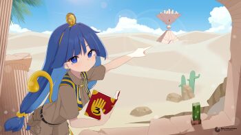 1girl absurdres artist_name baumkuchen771 blue_eyes blue_hair blue_sky book brown_shirt brown_shorts cactus closed_mouth cloud commentary day desert earrings facial_mark gold_headdress gravity_falls highres holding holding_book jewelry key_earrings lens_flare long_hair looking_at_viewer michigami_nareko pointing sand scepter shirt short_sleeves shorts sky smile solo touhou triangle triangle_facial_mark usekh_collar very_long_hair watermark