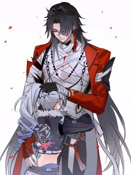 1boy 1girl 1nuwfisdfn52516 bandaged_hand bandages beads black_gloves black_hair black_jacket blade_(honkai:_star_rail) blue_hair chest_sarashi chinese_clothes closed_eyes closed_mouth crop_top cropped_jacket drill_hair earrings fingerless_gloves fur-trimmed_jacket fur_trim gloves grey_hair hair_over_one_eye hand_on_another's_head height_difference high_ponytail highres honkai:_star_rail honkai_(series) hug jacket jewelry long_hair mortenax_blade_(honkai:_star_rail) open_clothes open_jacket pants ponytail red_jacket sarashi silver_wolf_(honkai:_star_rail) simple_background tassel very_long_hair white_background