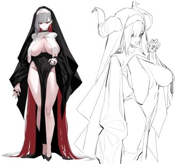 1girl absurdres black_dress black_hat black_nails black_shoes breast_curtains breasts closed_mouth cross cross_earrings dress earrings grey_hair hat highres horns huge_breasts jewelry long_hair looking_at_viewer multicolored_hair multiple_rings multiple_views nail_polish nun original pelvic_curtain plentyofempty red_eyes red_hair ring shoes simple_background standing very_long_hair white_background