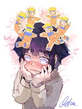 1girl absurdres black_hair blush commentary_request embarrassed highres hyuuga_hinata jacket korean_commentary naruto_(classic) naruto_(series) ok_cheerup purple_eyes short_hair signature solo_focus upper_body uzumaki_naruto white_jacket