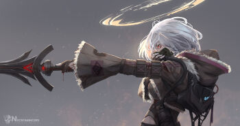 1girl absurdres arm_strap bleeding blood blood_drip blood_on_face chinese_commentary clothing_cutout coat command_&amp;_conquer command_&amp;_conquer:_red_alert command_&amp;_conquer:_red_alert_2 commentary cropped_jacket english_commentary fingerless_gloves fur-trimmed_coat fur_trim gloves glowing glowing_eyes halo hand_up highres hip_vent holding holding_mask holding_sword holding_weapon hood hood_down jacket long_sleeves lu_(pixiv20967832) mask mixed-language_commentary open_clothes open_jacket original pointing_melee_weapon pointing_sword red_eyes respirator science_fiction short_hair solo sword torn_clothes torn_sleeves weapon white_hair