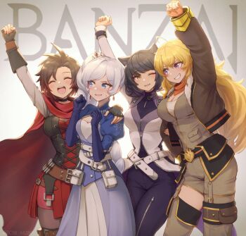 4girls ;d ^_^ ahoge animal_ears arm_around_shoulder arm_up asymmetrical_legwear bc98_48280 belt belt_pouch black_choker black_gloves black_hair black_pants blake_belladonna blonde_hair blue_dress blue_eyes blush braid braided_ponytail breasts brown_pants cape cat_ears cat_girl cheering choker cleavage clenched_hand clenched_hands closed_eyes corset dress earrings fingerless_gloves floating_earrings gloves gradient_hair grin hands_up high_side_ponytail highres holding_another's_arm jewelry large_breasts medium_breasts multicolored_hair multiple_girls one_eye_closed open_mouth pants parted_lips pouch puffy_sleeves purple_eyes red_cape red_hair ruby_rose rwby scar scar_across_eye scar_on_face scarf short_hair side_ponytail small_breasts smile sweat teeth thigh_pouch tiara v-shaped_eyebrows weiss_schnee white_belt white_hair yang_xiao_long yellow_eyes zipper