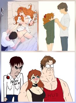 1girl 2boys aida_kensuke alternate_breast_size_(larger) alternate_universe angry artist_request beard bed black_hair blue_eyes blush breasts brown_hair closed_eyes coat comparison evangelion:_3.0+1.0_thrice_upon_a_time facial_hair glasses hair_between_eyes hair_ornament hairclip hood hood_down hospital_bed ikari_shinji long_hair looking_at_another lying meme meme_request multiple_boys neon_genesis_evangelion open_clothes open_shirt panties rebuild_of_evangelion school_uniform sexual_harassment shiny_skin sleeping souryuu_asuka_langley standing sweat the_end_of_evangelion underwear unworn_panties