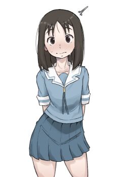 Rule 34 | 1girl, arms behind back, azumanga daioh's school uniform, azumanga daiou, blush, brown eyes, brown hair, highres, kasuga ayumu, nervous, nervous sweating, pale skin, school uniform, serafuku, simple background, sweat, thighs, zlix0n