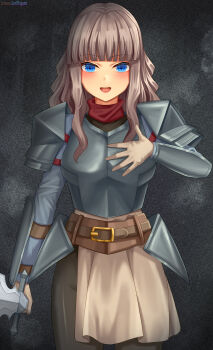1girl :d absurdres armor artist_name bad_tag bandana belt belt_buckle black_background black_legwear black_pantyhose blue_eyes blunt_bangs blush boobplate breastplate breasts brown_belt brown_gloves brown_hair brown_skirt buckle commission commissioner_upload cowboy_shot female gloves hand_on_chest hand_on_own_chest hand_up highres holding holding_sword holding_weapon leather leather_belt long_hair long_sleeves looking_at_viewer lori_hagami medium_breasts neckwear official_art open_mouth pantyhose patreon_username pauldrons plate_armor red_bandana red_headwear red_neckwear red_scarf reyanna_ryger scarf shoulder_armor sidelocks skirt smile solo standing sword teeth upper_teeth_only username wavy_hair ways_of_darkness_(series) weapon