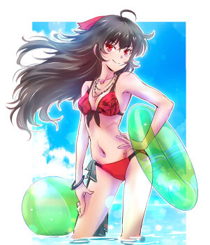 >:) 1girl ahoge armpits ball bangle beach beachball bikini black_hair blue_sky blurry bokeh bracelet breasts cleavage cloud commentary_request contrapposto day depth_of_field front-tie_bikini_top front-tie_top hair_ornament hand_on_own_hip hand_on_own_thigh highres iesupa innertube jewelry long_hair mature_female navel necklace outdoors raven_branwen red_bikini red_eyes rwby scar sky small_breasts smile solo standing swim_ring swimsuit transparent v-shaped_eyebrows wading water