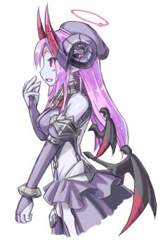 1girl asmodeus_(eco) beret black_choker black_wings blue_skin breasts choker clothing_cutout colored_skin demon_girl demon_horns demon_wings dress elbow_gloves emil_chronicle_online from_side garter_straps gloves gradient_wings halo hat horns large_breasts long_hair multicolored_wings open_mouth purple_gloves purple_hair purple_thighhighs red_eyes red_halo red_wings sleeveless sleeveless_dress solo stomach_cutout thighhighs white_background wings ziyuuyarou