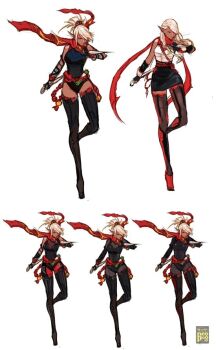 alternate_costume alternate_hairstyle arm_up bare_arms bare_shoulders black_leotard black_skirt bodysuit boots concept_art dark_skin dual_wielding dungeon_and_fighter elbow_gloves floating_scarf gloves grey_bodysuit groin hair_ornament hairband hand_up high_ponytail holding knee_up kunai kunoichi_(dungeon_and_fighter) leotard long_hair ninja official_art outstretched_arm pantyhose pointy_ears ponytail red_pantyhose red_scarf scarf shirt short_ponytail sidelocks skirt standing standing_on_one_leg swept_bangs thief_(dungeon_and_fighter) thigh_boots thighhighs weapon white_background white_hair white_shirt zettai_ryouiki