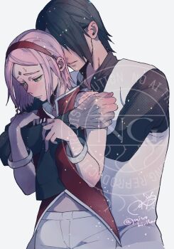 Rule 34 | 1boy, 1girl, amputee, black hair, black shirt, blush, commentary request, couple, facial mark, forehead mark, hair over one eye, hairband, half-closed eyes, haruno sakura, hetero, highres, hug, hug from behind, midriff, miwokirihana, naruto (series), naruto shippuuden, pants, parted bangs, parted lips, pink hair, red hairband, red vest, shirt, short hair, sweat, twitter username, uchiha sasuke, upper body, veil, vest, white background, white pants, white veil