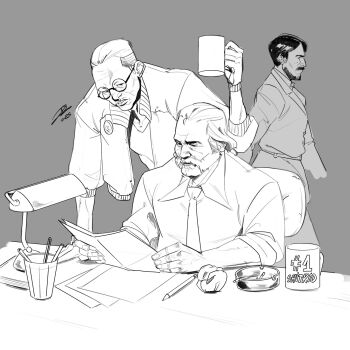 3boys bomber_jacket buzz_cut collared_shirt commentary cup desk_lamp disco_elysium english_commentary facial_hair glasses greyscale hair_slicked_back harry_du_bois highres holding holding_cup holding_paper jacket jean_vicquemare kim_kitsuragi lamp looking_at_another male_focus monochrome multiple_boys mutton_chops necktie nurve26 paper shirt short_hair sleeves_rolled_up very_short_hair walking