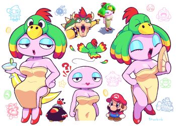 2girls 6+boys :o :| ? ^_^ alcohol animal animal_on_head armlet artist_name bald banana bare_shoulders beard big_nose bird bird_on_head black_bird black_collar black_eyes black_feathers blonde_hair blue_eyes blue_eyeshadow blue_overalls bob-omb bomb booster_(super_mario_rpg) bowser bracelet breasts brown_footwear cleavage clenched_hand closed_eyes closed_mouth cocktail_glass coin collar colored_skin constricted_pupils crown cup dodo_(bird) dodo_(super_mario_rpg) doll_joints dress drink drinking_glass explosive eyelashes eyeshadow facial_hair fanning_self feathers flower flying food frog_coin_(super_mario_rpg) fruit fuse geno_(mario) green_bird green_feathers green_hair half-closed_eyes hammer hand_fan hand_on_own_hip hat helmet highres holding holding_cup horns jewelry joints large_breasts laughing lime_(fruit) lips lipstick long_sleeves looking_at_viewer looking_to_the_side makeup mallow_(mario) margarita mario mario_(series) meme multicolored_hair multiple_boys multiple_girls mushroom mustache nintendo no_fingers no_nose no_socks on_head open_mouth overalls paper_fan parasol parrot pelvic_curtain pink_lips pink_skin pointing pointing_at_another princess_peach puppet purple_lips red_bird red_feathers red_footwear red_hair red_headwear red_shirt sharp_teeth shell shiny_skin shirt shoes sitting smile smithy spiked_armlet spiked_bracelet spiked_collar spiked_shell spikes standing star_(symbol) starbirbz strapless strapless_dress super_mario_rpg super_mushroom super_star_(mario) teeth thick_eyebrows two_soyjaks_pointing_(meme) umbrella valentina_(super_mario_rpg) white_background white_eyes white_feathers winding_key yellow_bird yellow_dress yellow_feathers