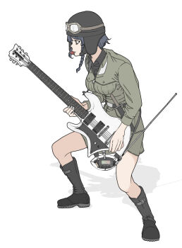 1girl absurdres anzio_military_uniform black_boots black_shirt boots braid breasts collared_shirt commentary_request dagger from_side girls_und_panzer goggles goggles_on_headwear green_jacket green_shorts highres instrument instrument_request jacket knee_boots knife medium_breasts mouth_hold pants pepperoni_(girls_und_panzer) plectrum plectrum_in_mouth radio_antenna shirt shorts side_braid skrmtl solo squatting weapon zipper